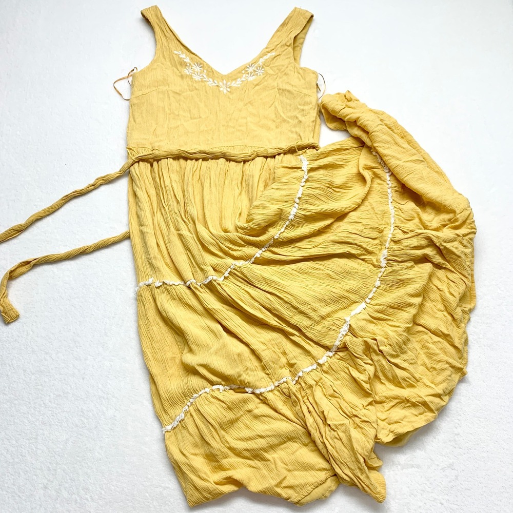 Joie Embroidered Tiered Maxi Dress‎ Womens Size 2 Yellow Boho Summer Rayon Gauze